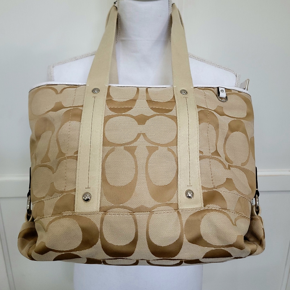 Coach Tan Tote Bag with Signature Pattern and Leather Trim - FI8855